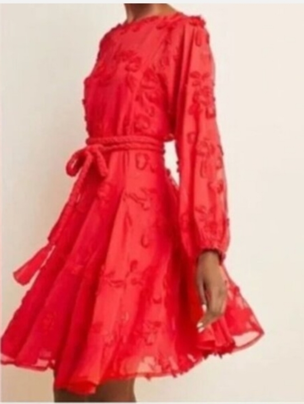 Anthropologie Mare Mare Embroidered Sheer Long Sleeve Dress Red Medium